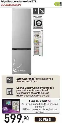 Unieuro LG Frigorifero combinato 60cm 375L GOLGBBS322CPY offerta
