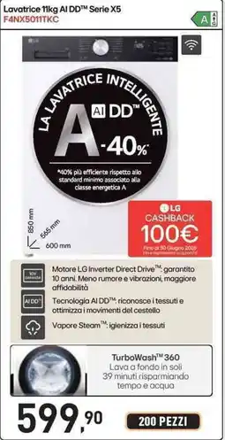 Unieuro LG Lavatrice 11kg Al DD Serie X5 F4NX5011TKC offerta