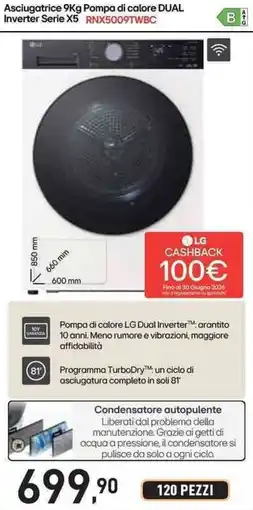 Unieuro LG Asciugatrice 9Kg Pompa di calore DUAL Inverter Serie X5 RNX5009TWBC offerta