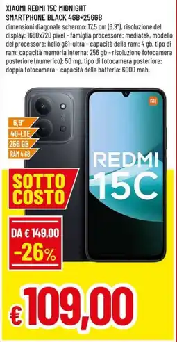Famila XIAOMI REDMI 15c midnight smartphone black 4gb+256gb offerta
