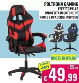 Satur Poltrona gaming effetto pelle imbottita in cotone pp ruote e braccioli in nylon offerta