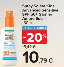 Carrefour Market Spray Solare Kids Advanced Sensitive SPF 50+ Garnier Ambre Solair offerta
