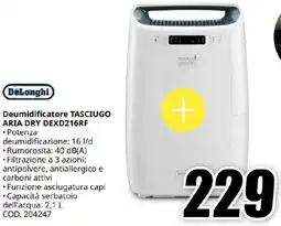 MediaWorld DeLonghi Deumidificatore TASCIUGO ARIA DRY DEXD216RF offerta