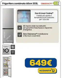 Euronics LG Frigorifero combinato 60cm 333L GBBS514CPY offerta