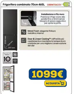 Euronics LG Frigorifero combinato 70cm 465L GBBW726CEV offerta