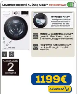 Euronics LG Lavatrice capacità XL 20kg AI DD F0P3020TSWC offerta