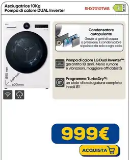 Euronics LG Asciugatrice 10Kg Pompa di calore DUAL Inverter RHX7010TWB offerta
