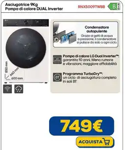 Euronics LG Asciugatrice 9Kg Pompa di calore DUAL Inverter RNX5009TWBB offerta