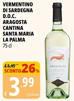 Tigros Vermentino di sardegna d.o.c. aragosta cantina santa maria LA PALMA offerta