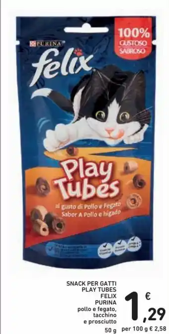 Spazio Conad Purina Felix Snack per Gatti Play Tubes Pollo e Fegato, Tacchino e Prosciutto 50g offerta