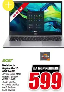MediaWorld acer Notebook Aspire Go 15 AG15-42P offerta