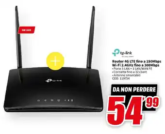 +tp-link Router 4G LTE fino a 150Mbps Wi-Fi 2.4GHz fino a 300Mbps