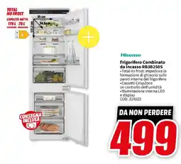 MediaWorld Hisense Frigorifero Combinato da incasso RB3B250S offerta