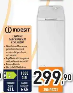 Unieuro INDESIT LAVATRICE CARICA DALL'ALTO BTWL60400IT offerta