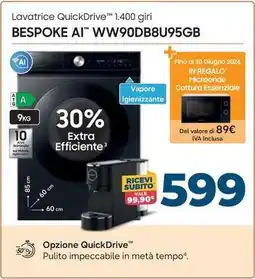 Sinergy SAMSUNG Lavatrice QuickDrive 1.400 giri BESPOKE AI WW90DB8U95GB offerta