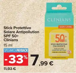 Carrefour Market Stick Protettivo Solare Antipollution SPF 50+ Clinians offerta