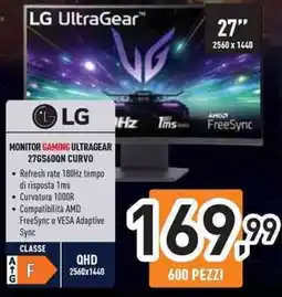Unieuro LG MONITOR GAMING ULTRAGEAR 27GS60QN CURVO offerta