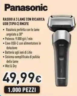 Unieuro Panasonic RASOIO A 3 LAME CON RICARICA USB (TIPO C) RM3FX offerta