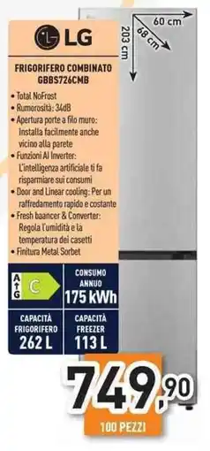 Unieuro LG FRIGORIFERO COMBINATO GBBS726CMB offerta