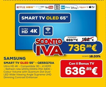 Euronics Tv qled 4k 55” qe55q70a smart tv wi-fi titan gray 2021 offerta