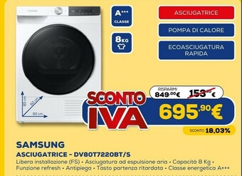 Euronics Dv80t7220bt asciugatrice libera installazione caricamento frontale 8 kg a+++ bianco offerta
