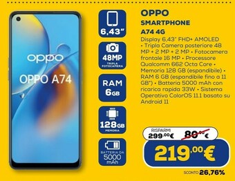 Euronics A74 5g 16,5 cm (6.5") coloros 11.1 usb tipo-c 6 gb 128 gb 5000 mah nero offerta
