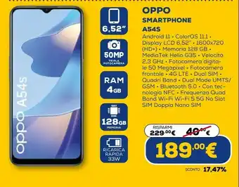 Euronics A54s 16,5 cm (6.5") doppia sim android 11 4g usb tipo-c 4 gb 128 gb 5000 mah blu offerta