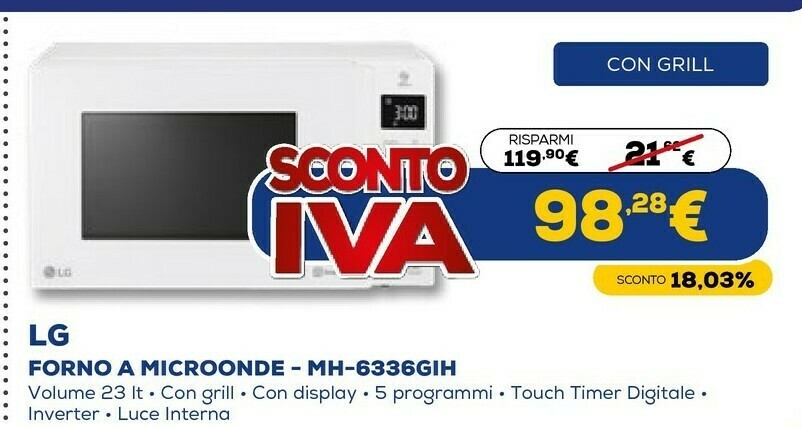 Mh6336gih forno a microonde superficie piana microonde combinato 23 l 1150  w bianco offerta di Euronics