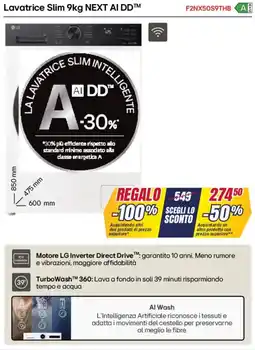 Trony LG Lavatrice Slim 9kg NEXT AI DD F2NX50S9THB offerta