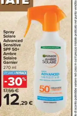 Carrefour Spray Solare Advanced Sensitive SPF 50+ Ambre Solaire Garnier offerta
