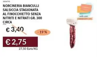 Prezzemolo e Vitale Norcineria bianculli salsiccia stagionata al finocchietto senza nitriti e nitrati offerta