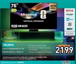 Unieuro Hisense 75UR9S smart tv rgb miniled 75" 4k offerta
