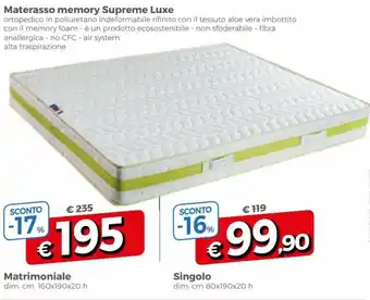 Materasso memory Supreme Luxe Matrimoniale cm.160x190x20 h