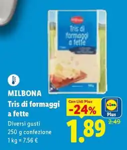 Lidl Milbona Tris di formaggi a fette offerta
