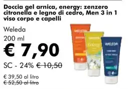 NaturaSì Doccia gel arnica, energy: zenzero citronella e legno di cedro, Men 3 in 1 viso corpo e capelli Weleda offerta