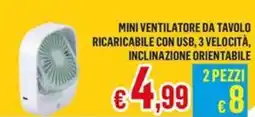 Satur Mini ventilatore da tavolo ricaricabile con usb, 3 velocità, inclinazione orientabile offerta