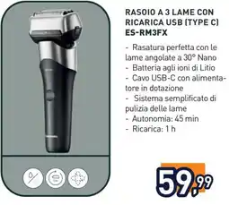 Unieuro Rasoio a 3 lame con ricarica USB (Type C) ES-RM3FX offerta