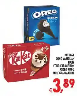 Deco Supermercati KIT KAT CONO VANIGLIA/ LION CONO CARAMELLO/ OREO CONO VARIE GRAMMATURE offerta
