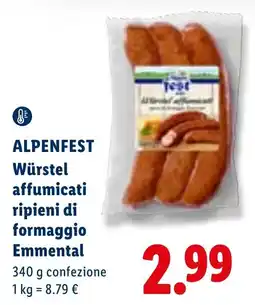 Lidl ALPENFEST Würstel affumicati ripieni di formaggio Emmentaal offerta