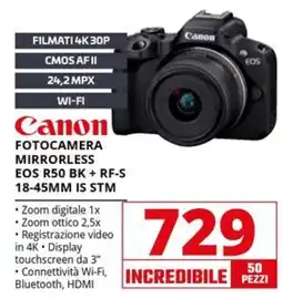 Comet Canon FOTOCAMERA MIRRORLESS EOS R50 BK + RF-S 18-45MM IS STM offerta