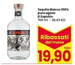 Interspar Tequila Blanco 100% puro agave El Espolón offerta
