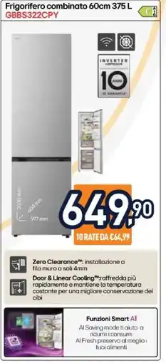 Unieuro LG Frigorifero combinato 60cm 375 L GBBS322CPY offerta