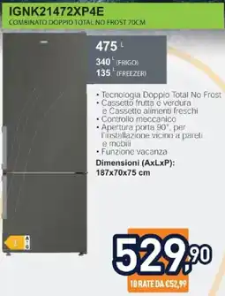 Unieuro IGNIS IGNK21472XP4E COMBINATO DOPPIO TOTAL NO FROST 70CM offerta
