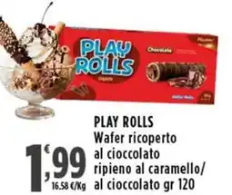 Rossotono Carrefour Play rolls wafer ricoperto al cioccolato ripieno al caramello/ ng al cioccolato offerta