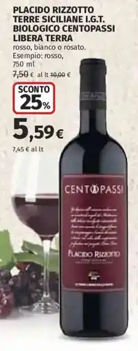 Ipercoop Placido rizzotto terre siciliane i.g.t. biologico centopassi libera terra offerta