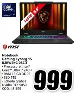 MediaWorld msi Notebook Gaming Cyborg 15 offerta