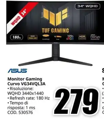 MediaWorld ASUS Monitor Gaming Curvo VG34VQL3A offerta
