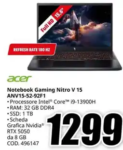 MediaWorld Acer Notebook Gaming Nitro V 15 offerta