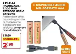Iperal 2 pile AA ricaricabili 2.200 mah attacco usb-c batzone offerta
