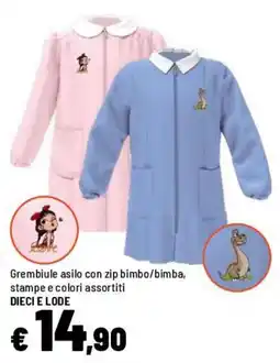 Iper La Grande Grembiule asilo con zip bimbo/bimba DIECI E LODE offerta